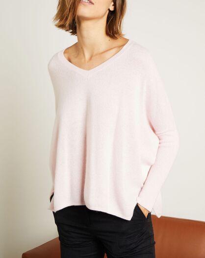 Pull poncho 100% Cachemire Axelle Col V rose poudre